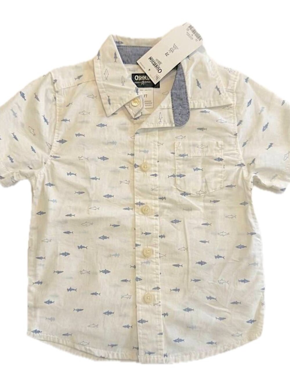 OshKosh B gosh Boys 2T Shark Print Button Down Shirt Short Sleeve White NWT